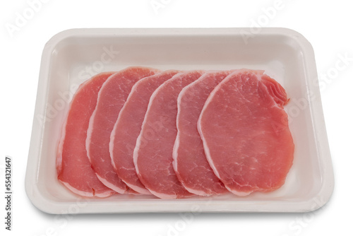 Raw pork loin steaks in food plastic tray for sale isolated on white, clipping path
