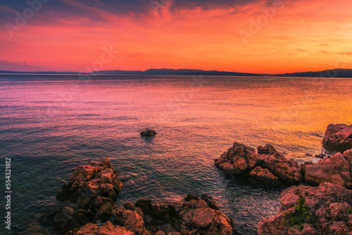 Croatia, Europe, Istria, pebble Kostrena beach near Rijeka and Lovran resort...exclusive - this image is sold only on Adobestock photo