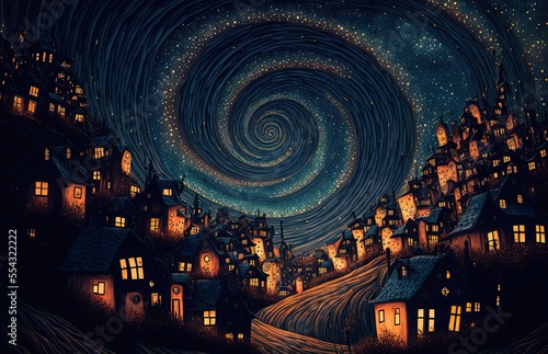 surreal Fibonacci golden spiral illustration. town that build on the spiral ground , way path to other world , other dimension © QuietWord