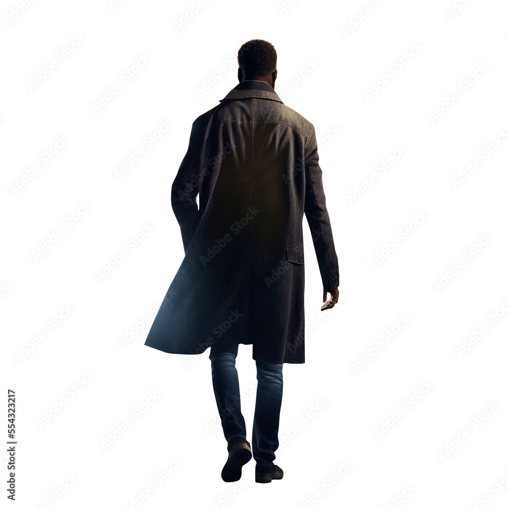 Black man walking away. Trench coat and fedora. Mafia man. Private detective. Running away. Back view. Full body view. Isolated transparent background.