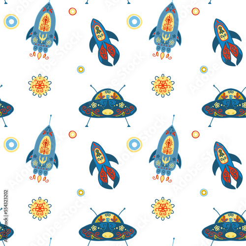 Spaceships, rockets, UFOs, painted with ornaments in folk style. Vector pattern on a transparent background.