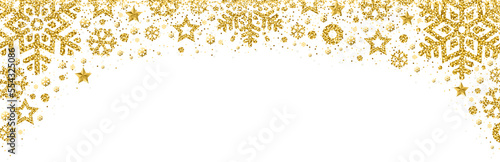Christmas banner with golden glittering snowflakes and stars. Merry Christmas and Happy New Year greeting banner. Horizontal Transparent PNG