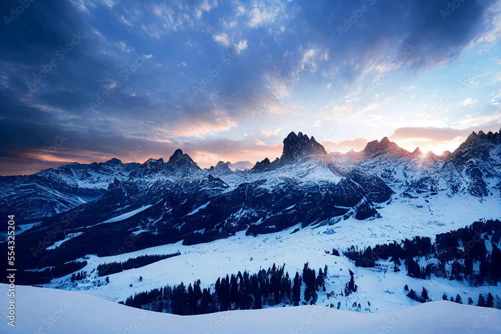 Alpine snow scene with great view Generative AI Alpine snow scene with great view Generative AI