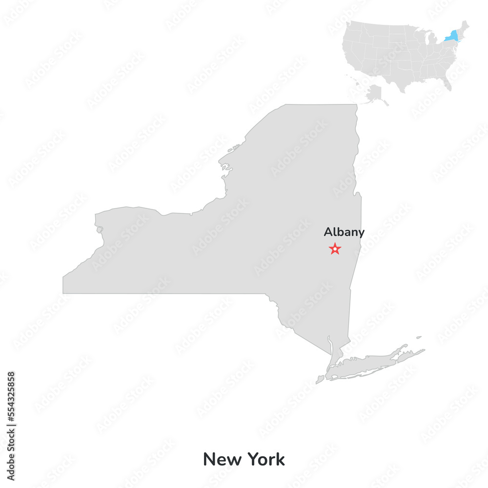 US American State of New york. USA state of New York county map outline on white background.