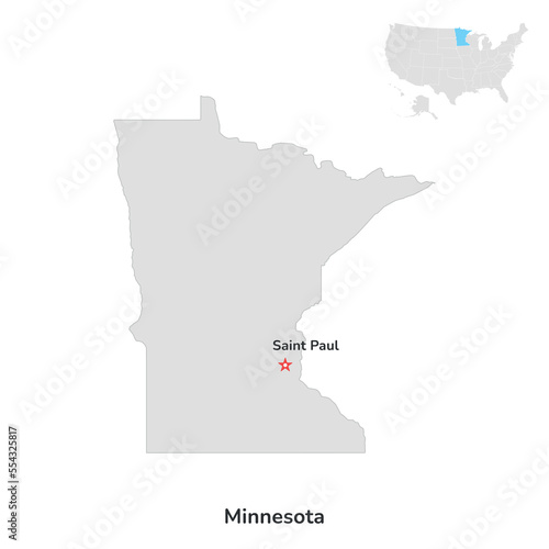 US American State of Minnesota. USA state of Minnesota county map outline on white background.