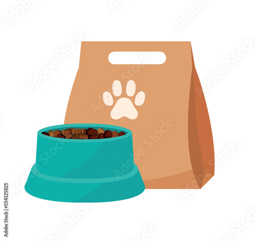 Cartoon pet food. Cat and dog feed packaging. Home animal feeding concept. Can and box. Plate for meal. Puppies bones. Vet shop. Canine feeder. Doggy snacks. Vector illustration