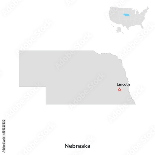 US American State of Nebraska. USA state of Nebraska county map outline on white background.