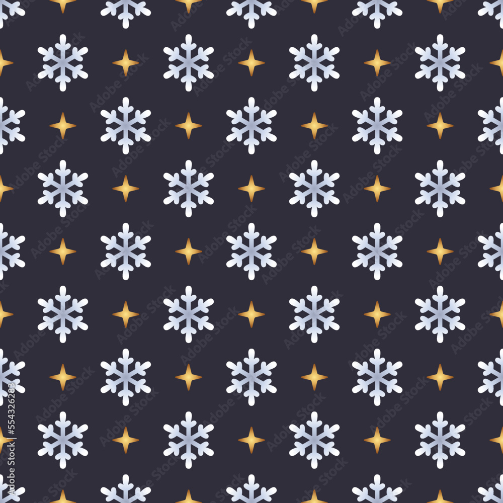 Simple Seamless Pattern of Light Snowflakes and Stars on Dark Backdrop. Simple Seamless Pattern of Light Snowflakes and Stars on Dark Backdrop.