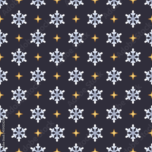 Simple Seamless Pattern of Light Snowflakes and Stars on Dark Backdrop.