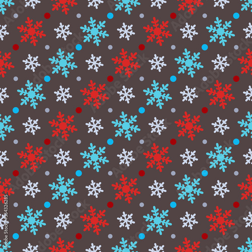 Christmas Striped Seamless Pattern of Blue, Red and Grey Snowflakes on Brown Backdrop.