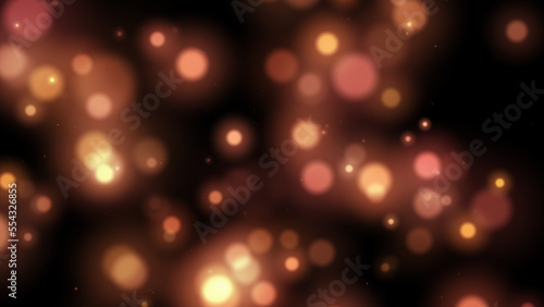 Gold and pink abstract bokeh background sparkling lights effect. Multicolor light from LED lights close up. Grain blurry noise, soft focus. Festive background for advertising, congratulations, text
