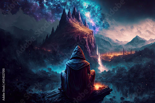 Hooded Person Overlooking a landscape - Fictitious Generated by Generative Ai