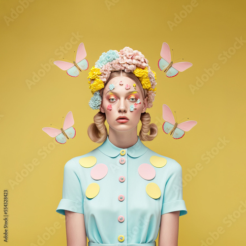 Illustrated portrait of young, beautiful girl. Fashion model in floral style, with fresh spring flowers and butterflies in trendy pastel clothes. Minimal vintage retro style. Generative AI.