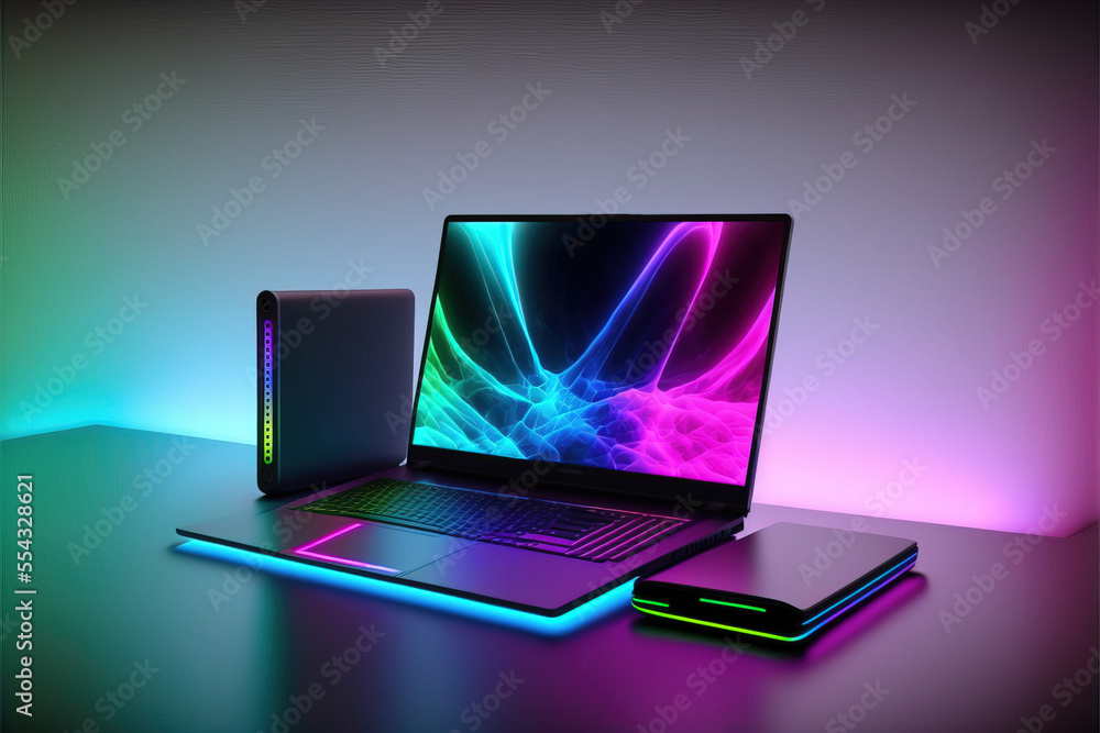 custom made wallpaper toronto digitalModern neon technology concept with many expensive electronic gadgets on the desk. Illustration of computer, tablet and laptop. Cyber ​​modern lights. Generative AI.