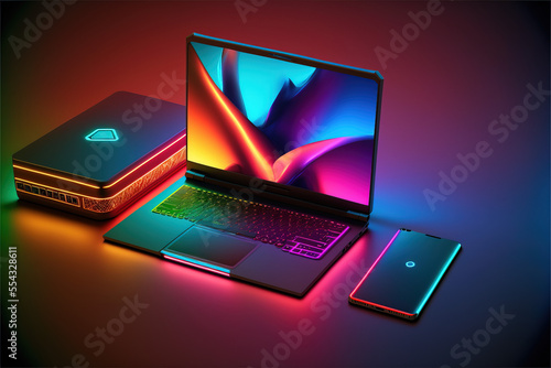 Modern neon technology concept with many expensive electronic gadgets on the desk. Illustration of computer, tablet and laptop. Cyber ​​modern lights. Generative AI.