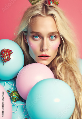 Fashion illustrated portrait of a young makeup blonde girl, white soft skin with pastel Christmas decoration balls. Elegant face. Gentle feminine New Year colors. Generative AI. © Uncanny Valley
