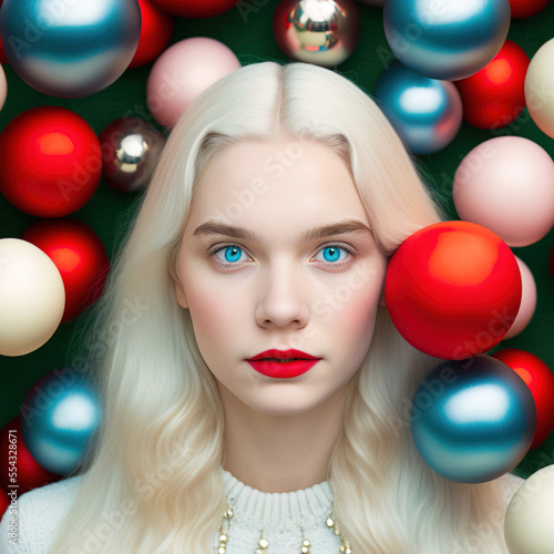 Fashion illustrated portrait of a young makeup blonde girl, white soft skin with pastel Christmas decoration balls. Elegant face. Gentle feminine New Year colors. Generative AI.