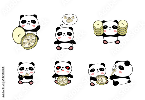 Set of baby pandas with xiao long bao vector illustration isolated on white background. Cute panda bear characters with traditional Asian steamed dumplings