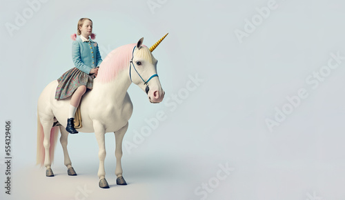 Little School kid dressed in a pastel color clothes, cute suit, on a small pony, a unicorn. Happy girl. Blue background. Illustration. Generative AI.