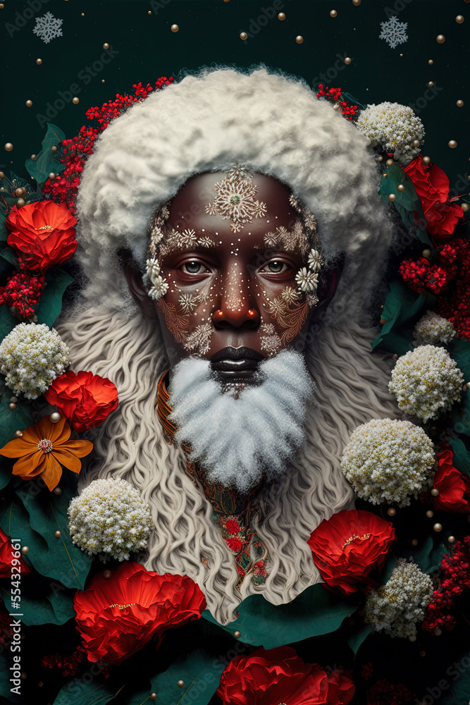 Portrait of a beautiful black Female santa Claus surrounded by December