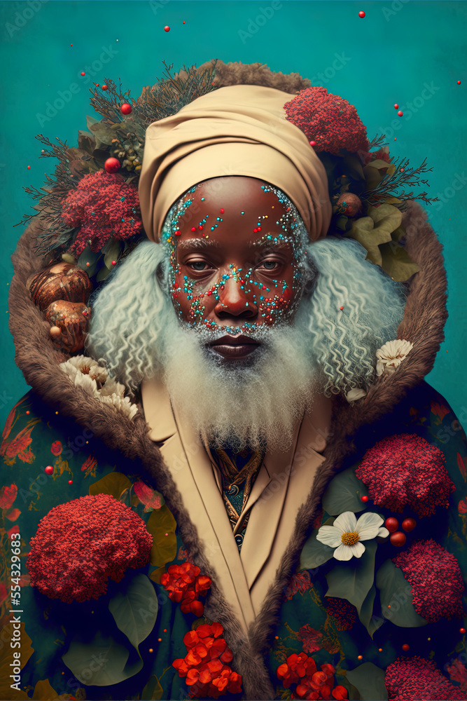 Portrait of a beautiful black Female santa Claus surrounded by December