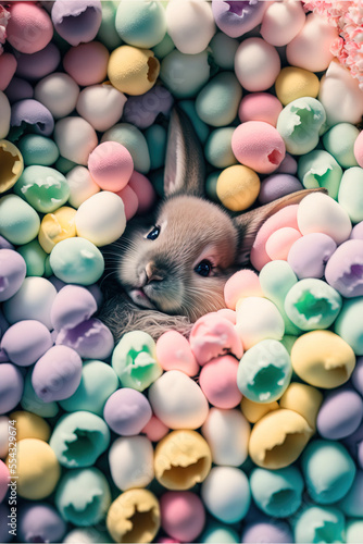 A cute little Easter bunny surrounded by fresh Spring flowers and colored Easter eggs. Creative decoration for Easter holidays. Illustration. Generative AI. © Uncanny Valley