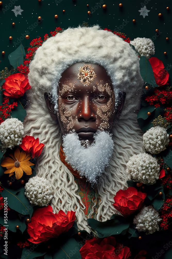 Portrait of black Female santa Claus surrounded by December birth