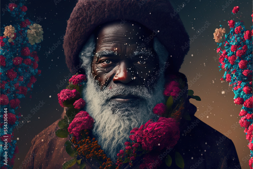 portrait of a stylish Black santa claus covered in snow and December birth flowers, holly and narcissus - generative ai portrait of a stylish Black santa claus covered in snow and December birth flowers, holly and narcissus - generative ai