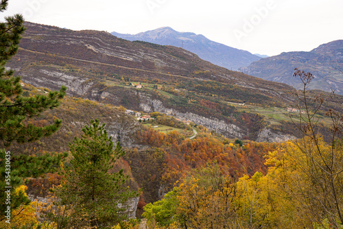 Mountain side with trees. Various warm colors. Buildings in sight. Trentino