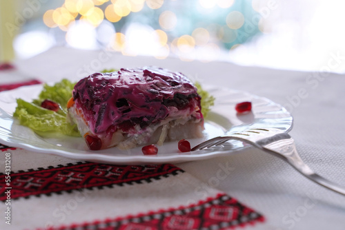 Obraz na płótnie Dressed herring aka herring under a fur coat salad. Traditional Ukrainian food. w salonie