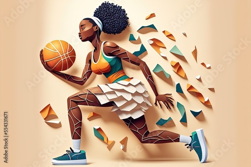paper art style illustration of African woman playing basketball © QuietWord
