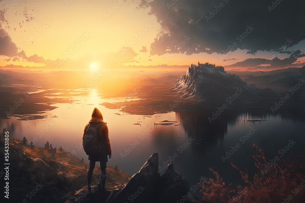illustration of landscape at dawn,  a man looking  at sunrise, the building ruin at faraway, futuristic theme, destruction of civilization