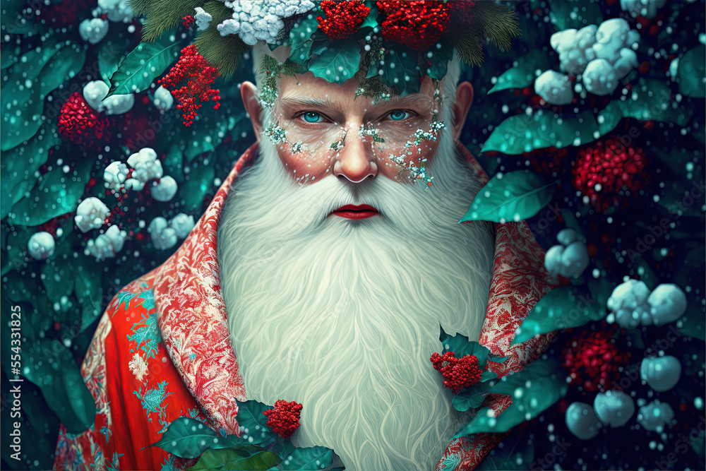 Portrait of Female santa Claus with a beard covered in snow surrounded by December birth flowers, holly and narcissus, Christmas, santa claus -Generative ai