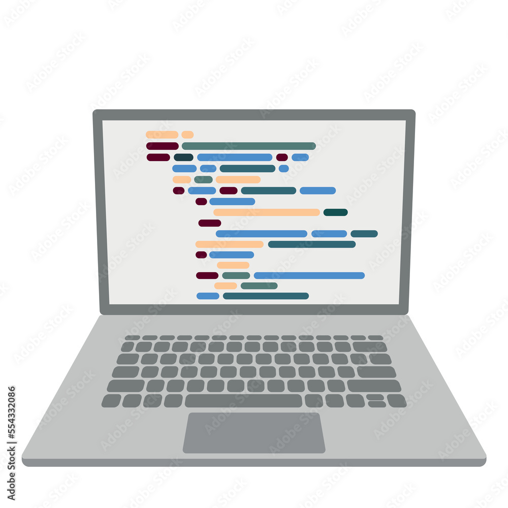 Open gray laptop, on screen imitation of program code, flat vector, isolated on white Open gray laptop, on screen imitation of program code, flat vector, isolated on white