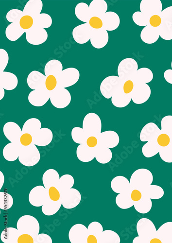 Patrón vectorial de flores blancas de manzanilla con postilo amarillo sobre un fondo verde naturaleza dibujo portada