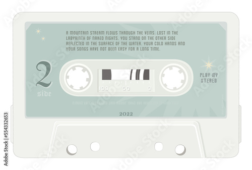 Vector drawing of music audio cassette for record player. Vintage analog tape cassette stylization. Play my stereo.