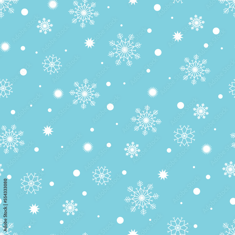 Snowy vector pattern isolated on a blue background. Snowflake ornament. Good for wallpaper, fabric, wrapper, cards, Christmas and New Year decoration.