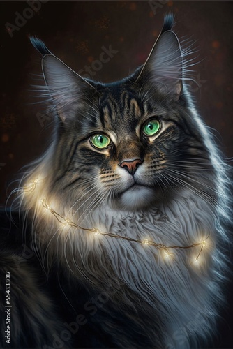 Maine coon cat with Christmas lights, glowing pet fluffy kitty, kitten and Christmas decorations portrait illustration, feline studio shot generative ai art, black background