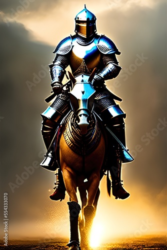 The man is wearing armor and riding a horse. Generative ai.