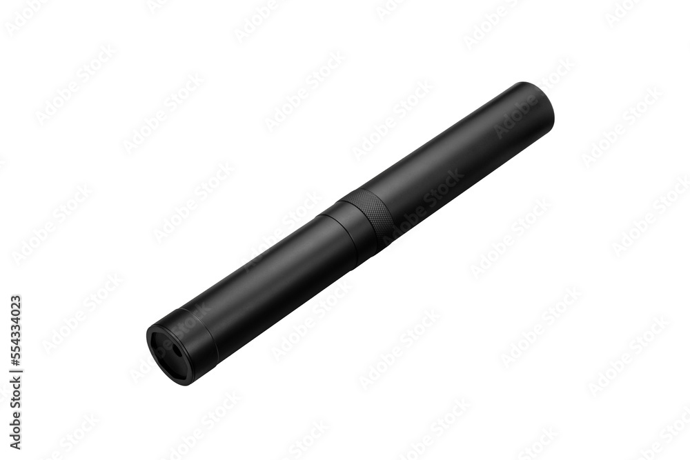 Black silencer for weapons. Suppressor that is at the end of an assault rifle. Isolate on a white back. Black silencer for weapons. Suppressor that is at the end of an assault rifle. Isolate on a white back.