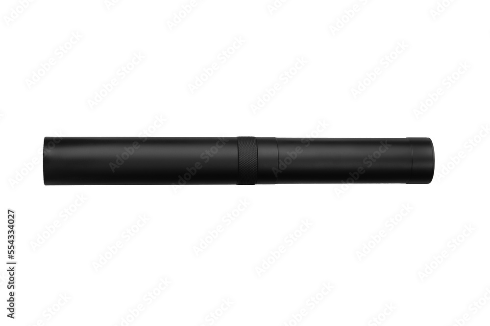 Black silencer for weapons. Suppressor that is at the end of an assault rifle. Isolate on a white back. Black silencer for weapons. Suppressor that is at the end of an assault rifle. Isolate on a white back.