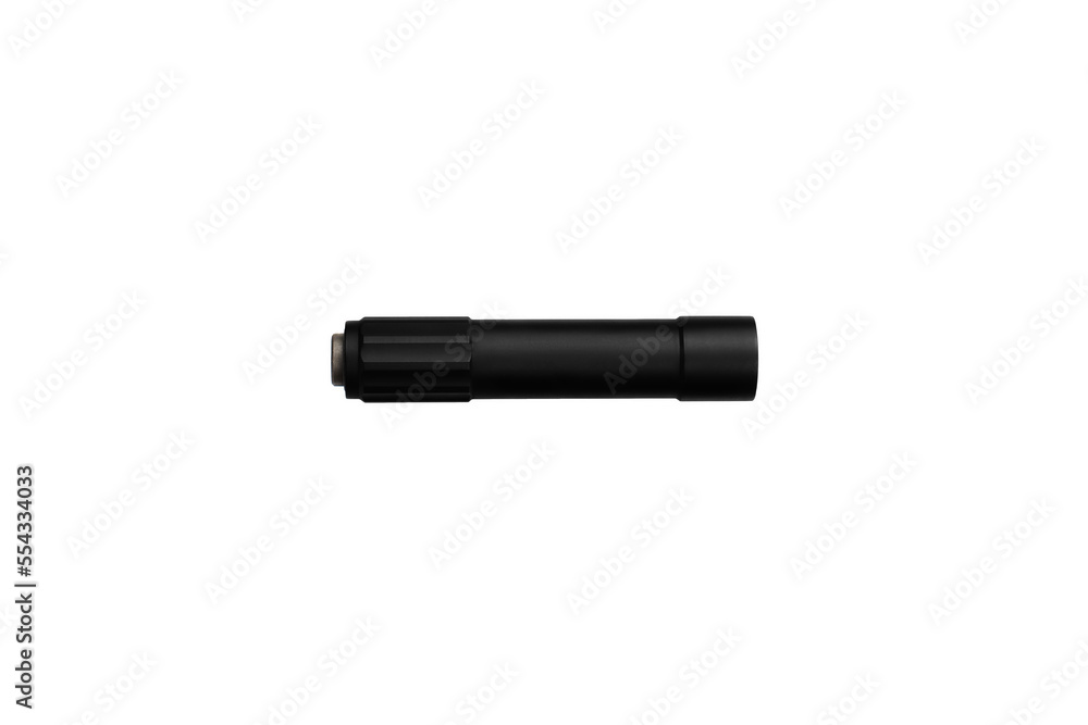 Black silencer for weapons. Suppressor that is at the end of an assault rifle. Isolate on a white back. Black silencer for weapons. Suppressor that is at the end of an assault rifle. Isolate on a white back.