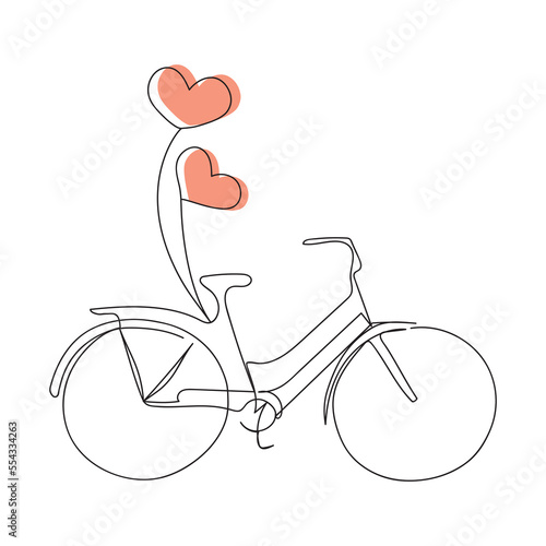 Bicycle with balloon hearts. Vector illustration for Valentine's day. Continuous line drawing of a bicycle