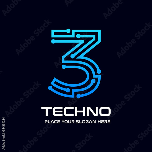 Three or 3 number technology vector logo template
