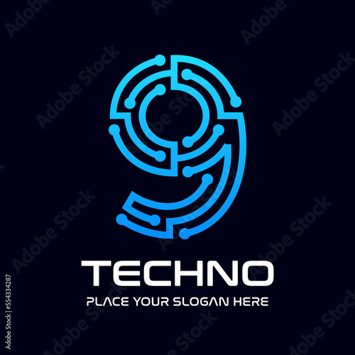 Nine or 9 number technology vector logo template