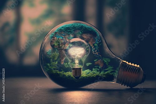 ai midjourney generated illustration of a glowing lightbulb insinde another in a green planted environment photo