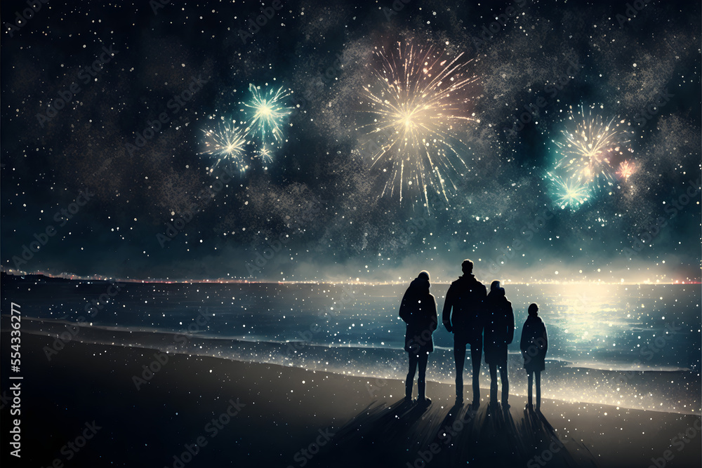 Obraz premium People celebrating new year, sea background