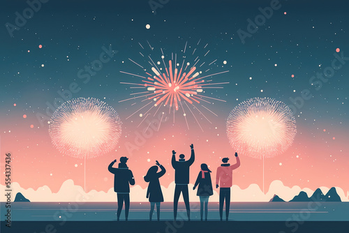 illustration of a group of friends happy together watching firework show at night festival