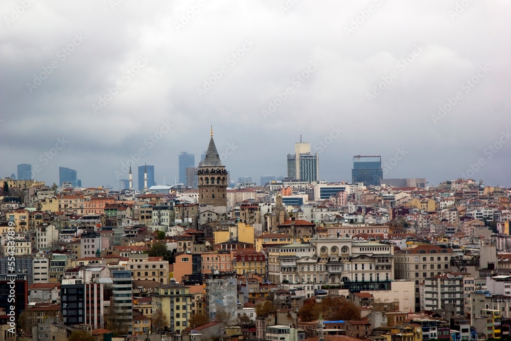 The historical Galata Tower rising from among the buildings, Istanbul, Turkey.