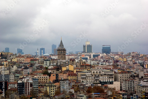 The historical Galata Tower rising from among the buildings, Istanbul, Turkey.